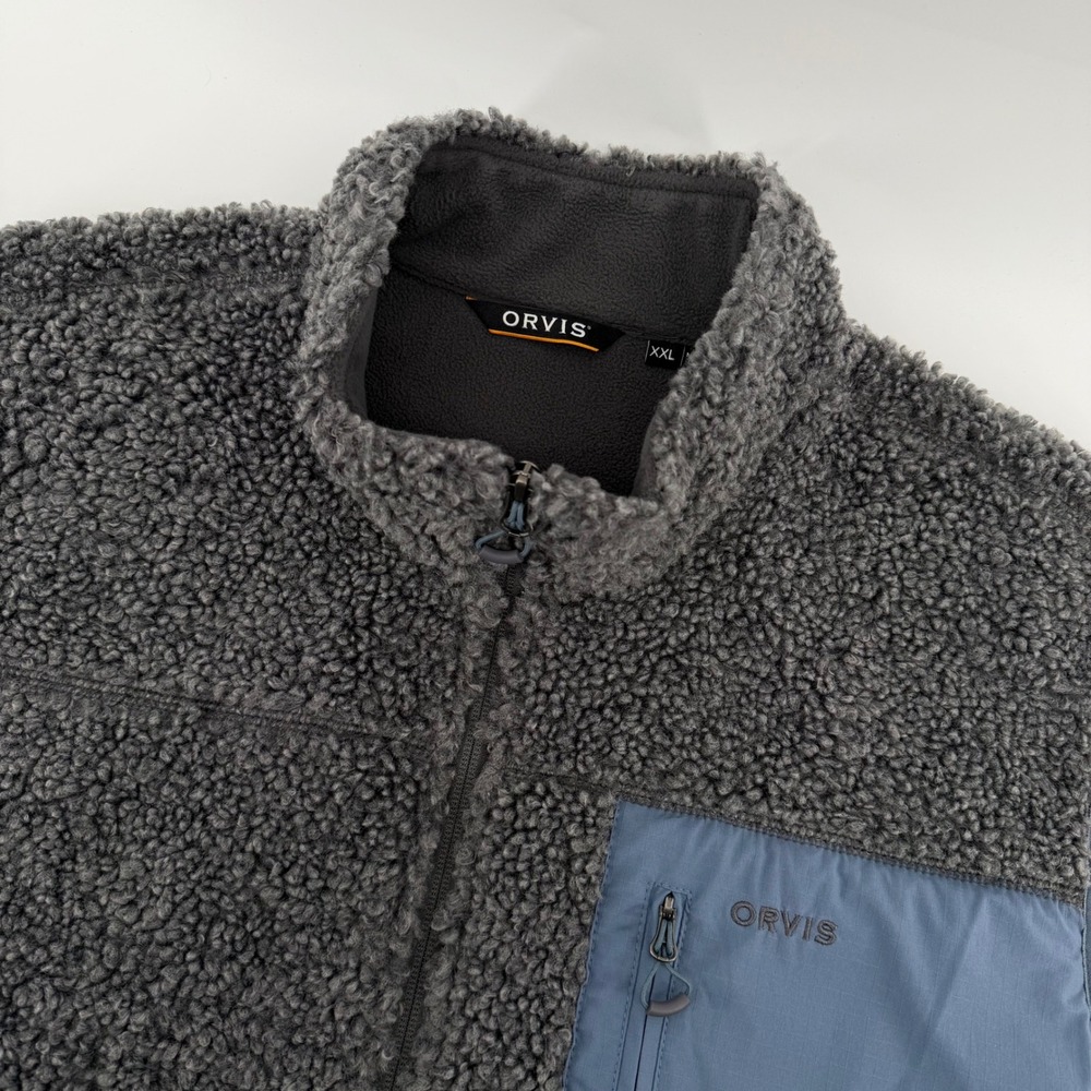 Orvis Sherpa Fleece Vest Mens XXL Gray Blue Full Zip Pocket Mock Neck Piles